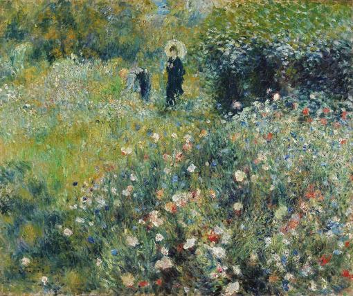 Mujer con sombrilla en un jardín de Renoir