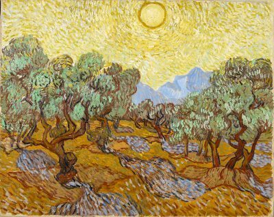 Olivos con cielo amarillo y sol de Van Gogh