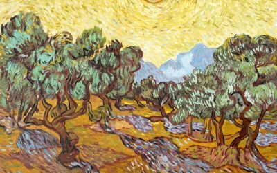 Olivos con cielo amarillo y sol de Van Gogh
