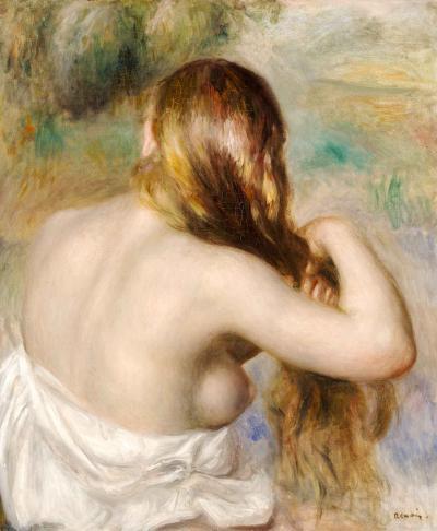 Rubia trenzando su cabello de Renoir