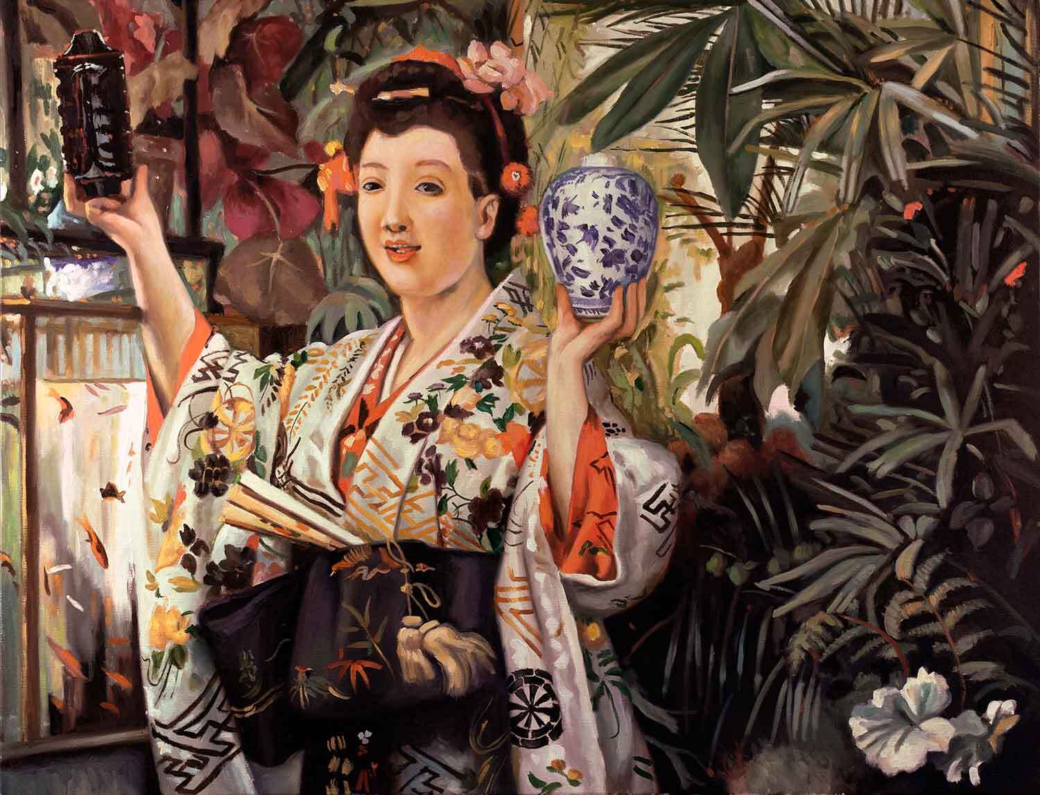 Reproducción de "Mujer joven con objetos japoneses"