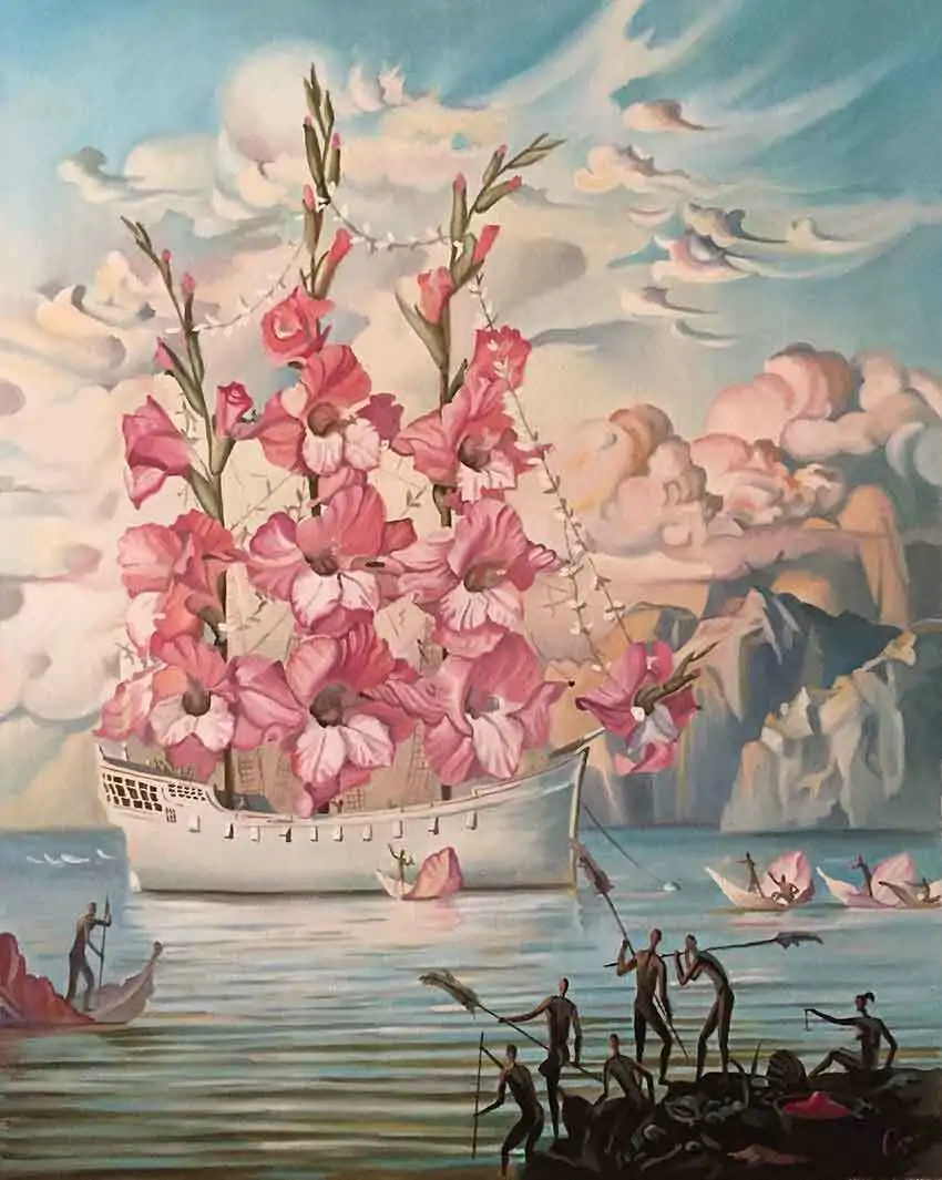 Reproducción de "La llegada de las flores" de Vladimir Kush